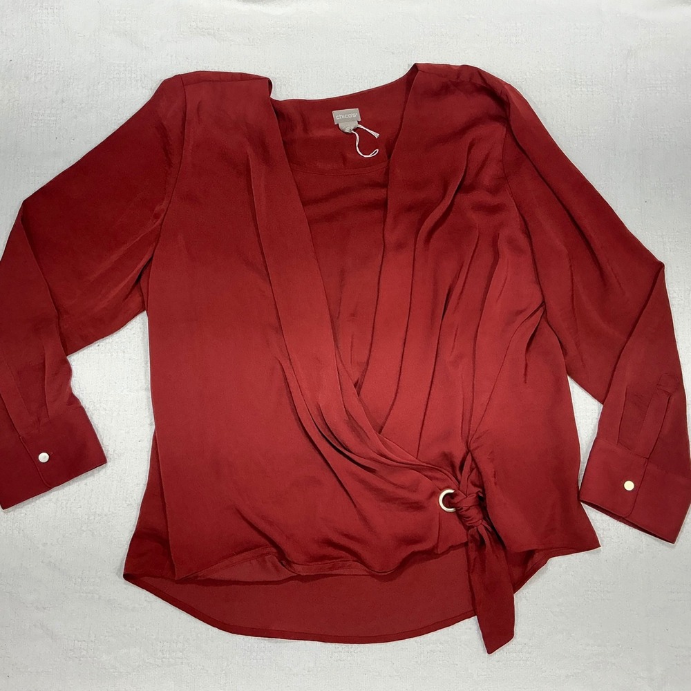Chicos‎ Draped Wrap Top Rust Red Long Sleeve Tie Detail Gold Ring Size 2